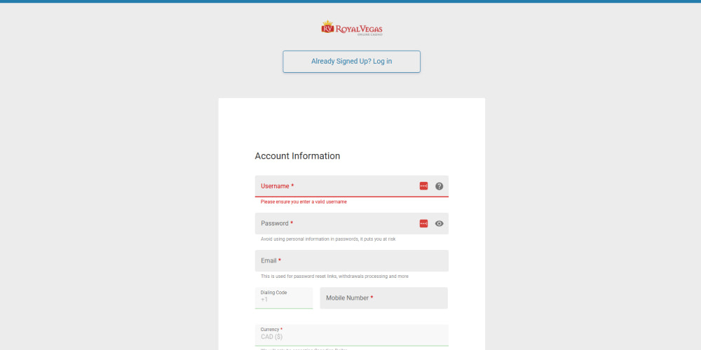 Royal Vegas registration process
